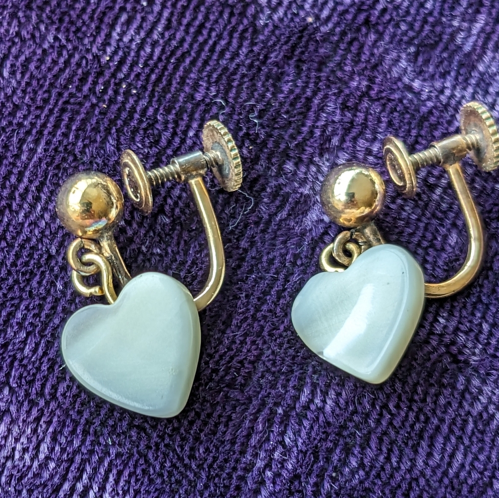 Vintage 12K Gold Filled Earrings With Heart Shaped Mother Of Pearl